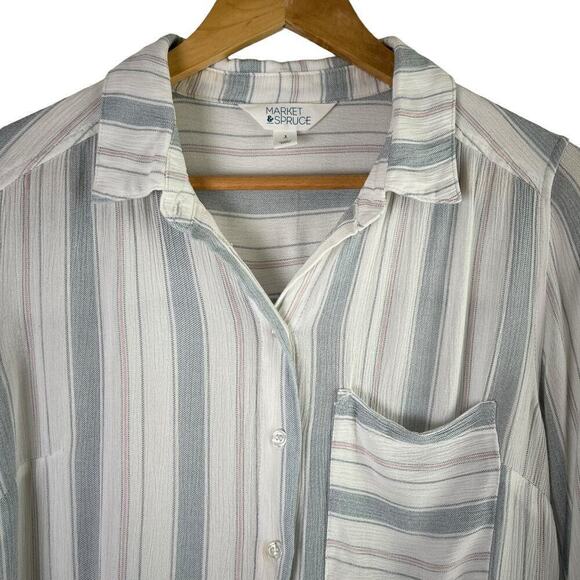 Market & Spruce Stitch Fix Lightweight Striped Button Down Shirt Blouse Blue,‎ S - Picture 2 of 11